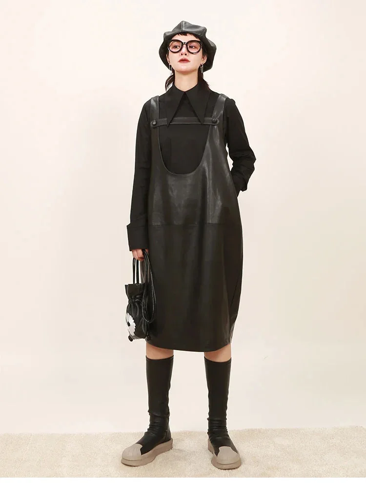 Black Premium Faux Leather Midi Dress