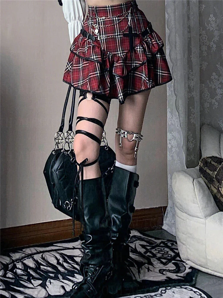 Gothic Plaid Mini Skirt for Women in Red