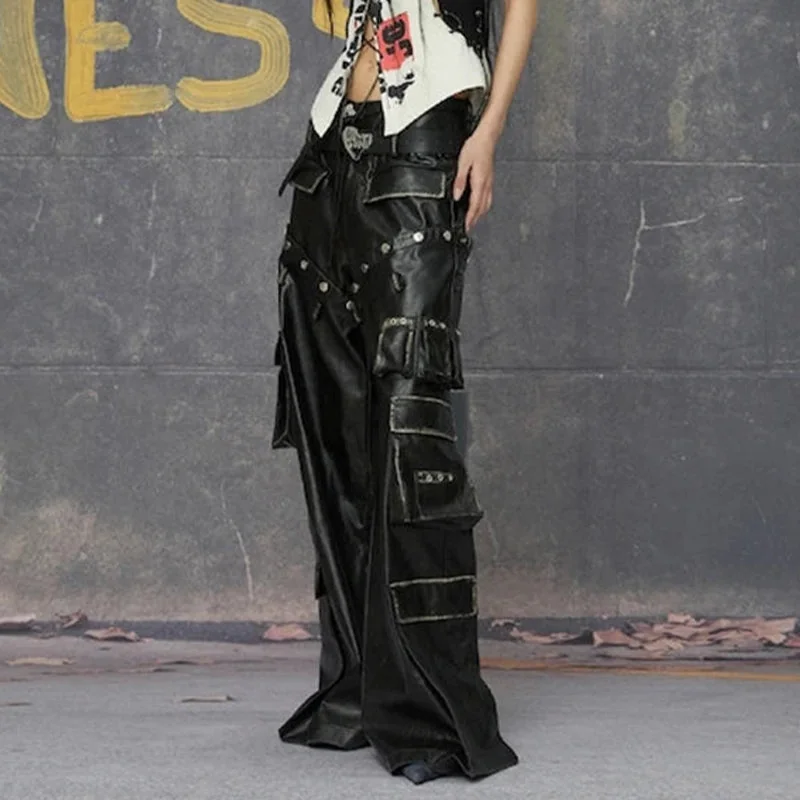 Black Faux Leather Cargo Pants for Women