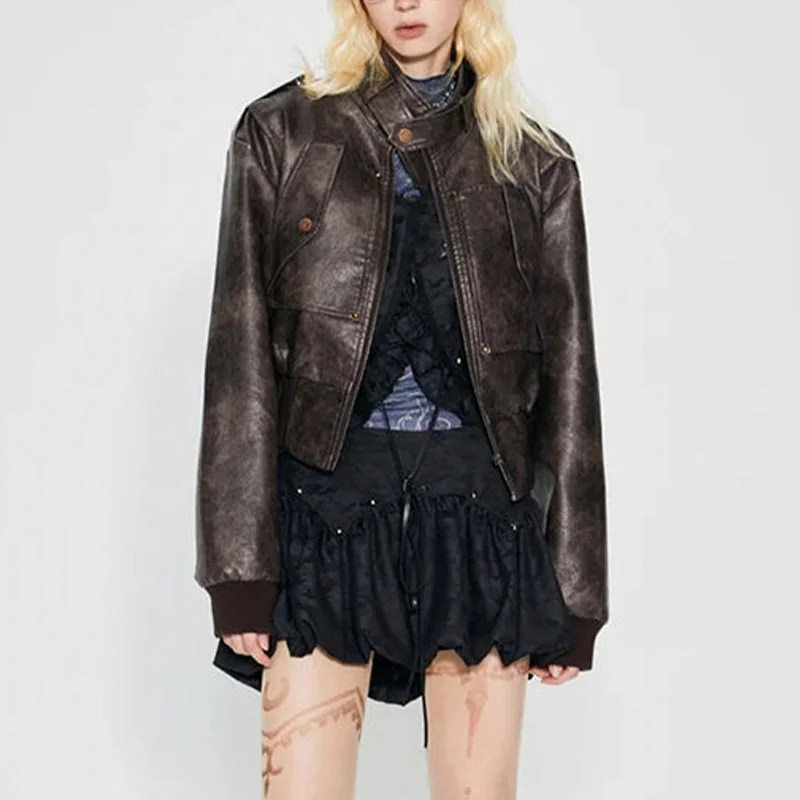 Chic Brown Faux Leather Jacket for Women