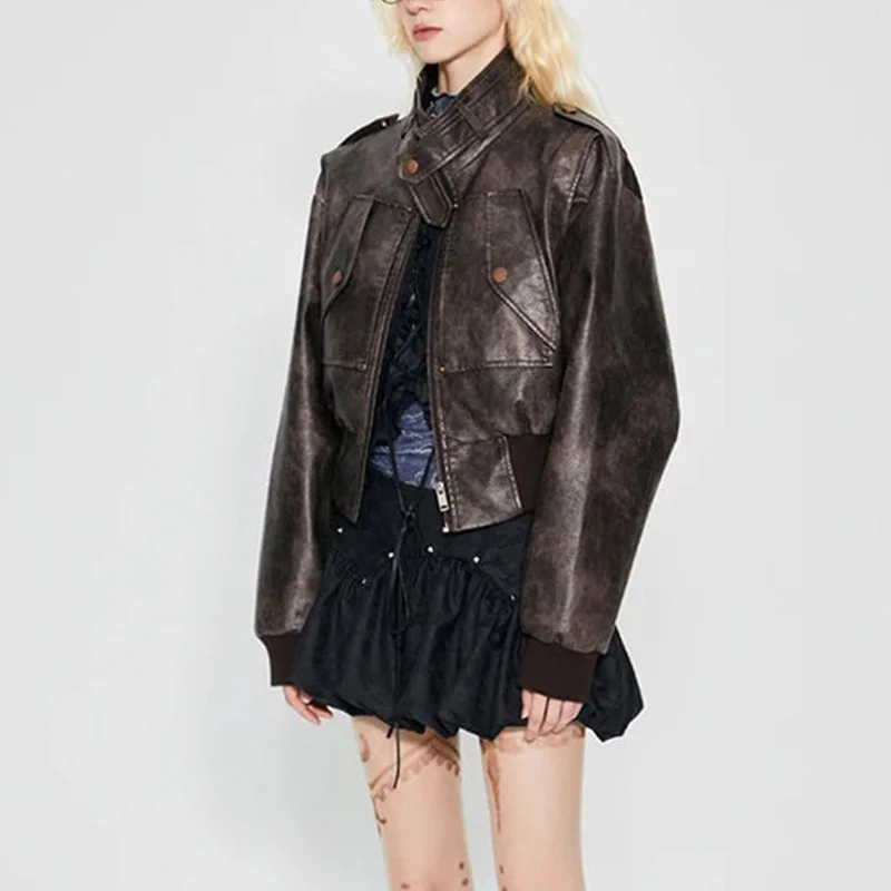 Chic Brown Faux Leather Jacket for Women