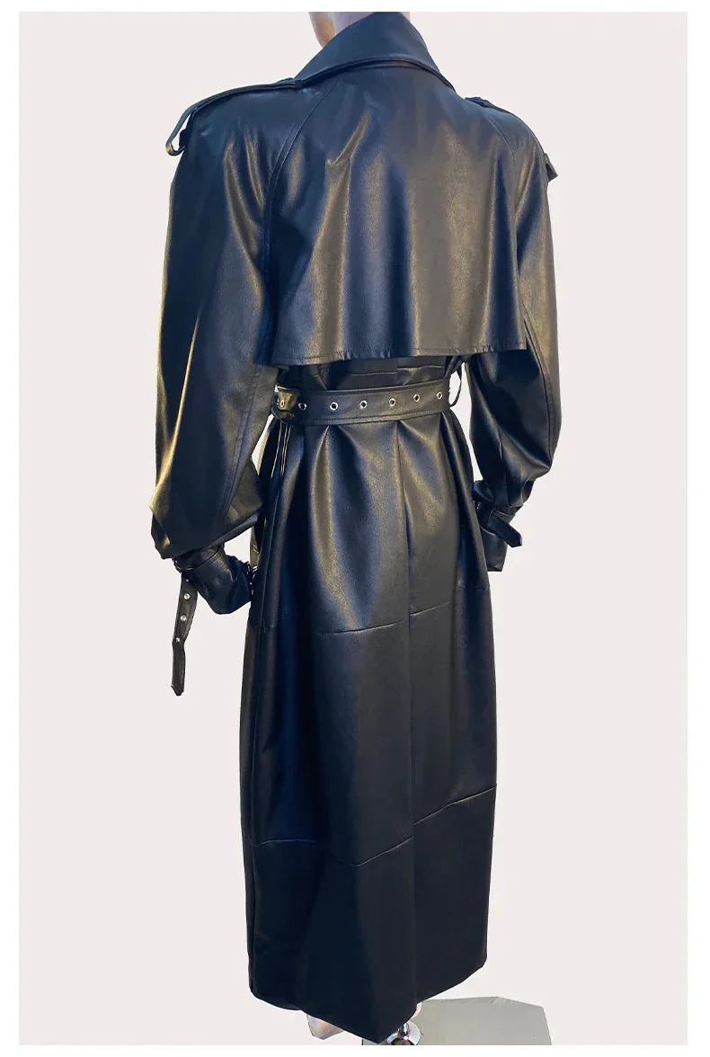 Black Faux Leather Trench Jacket for Women