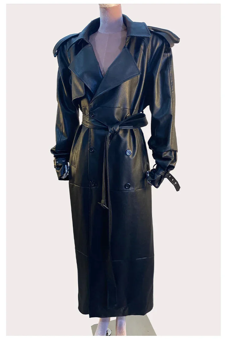 Black Faux Leather Trench Jacket for Women