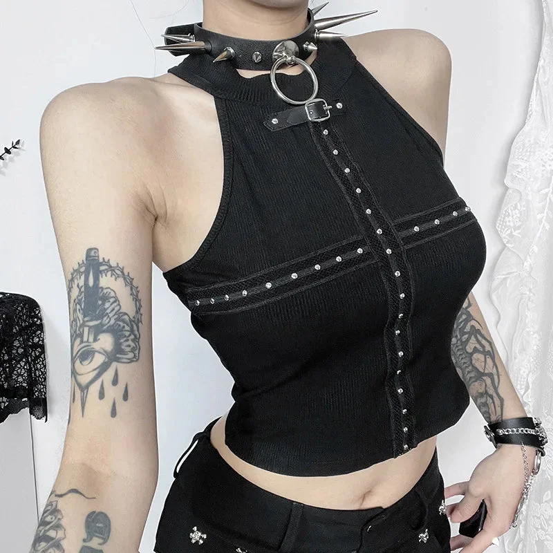 Gothic Sleeveless Top Premium Cotton Polyester Blend Black S/M/L