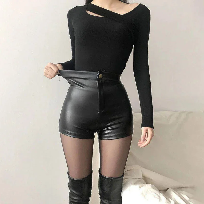 Black Premium Faux Leather High Waist Shorts for Women
