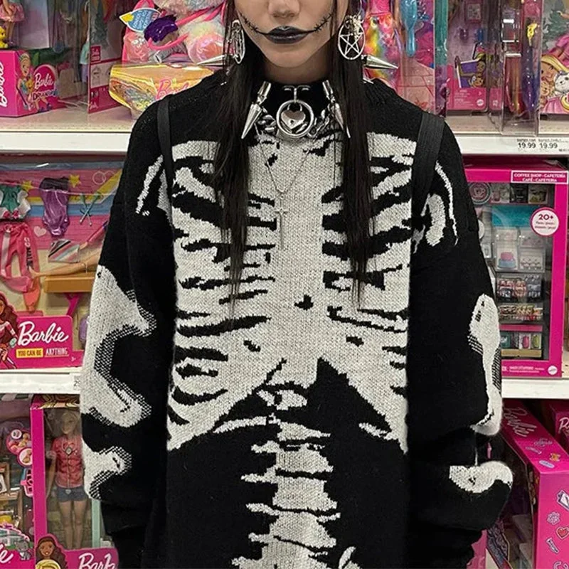 Black Skeleton Print Cotton Polyester Sweater for Women