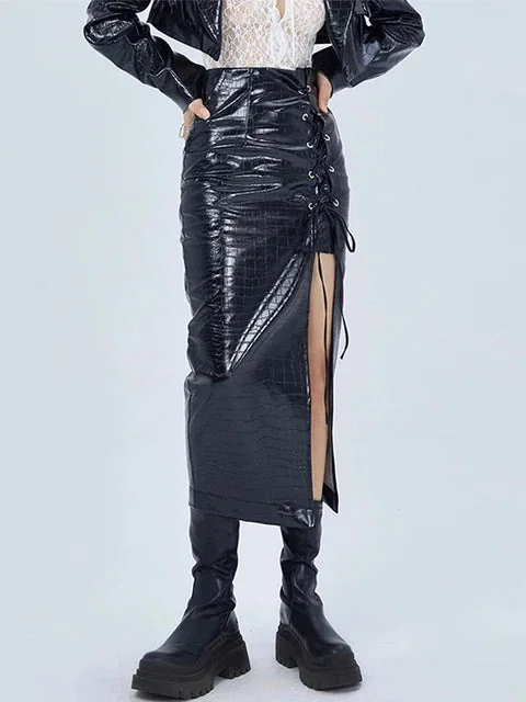 Black Faux Leather Midi Skirt for Women