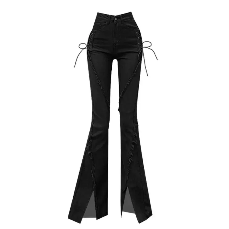 Black Vintage Cotton Polyester Trousers Womens Bottoms