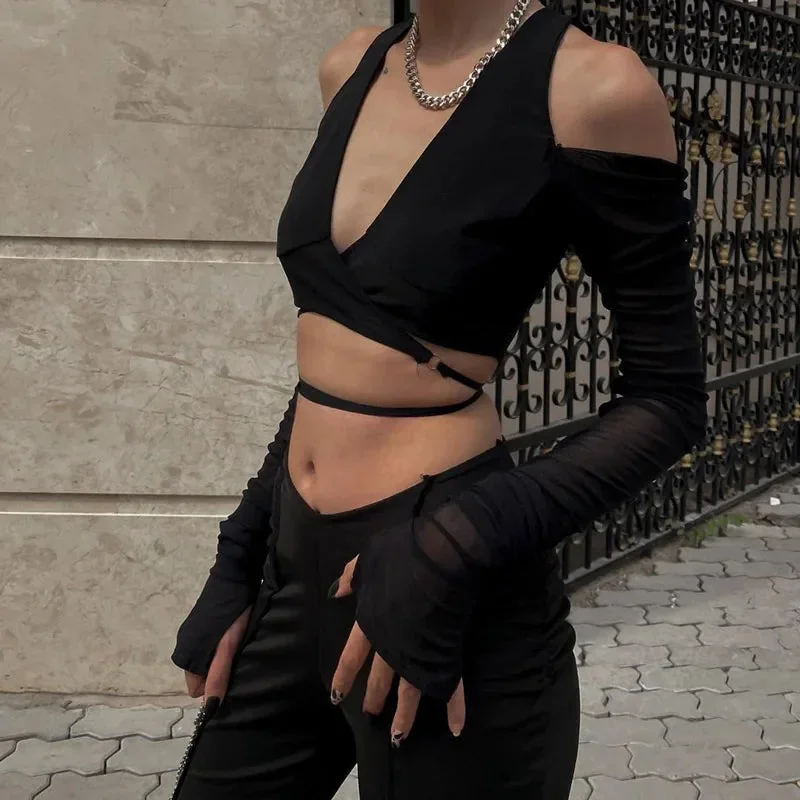 Black Cotton Polyester Womens Crop Top