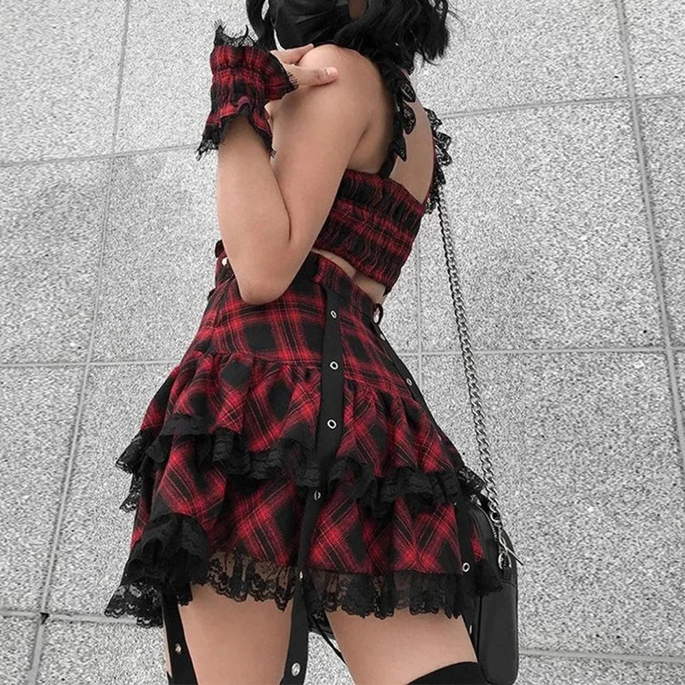 Gothic Plaid Cotton Polyester Set Red