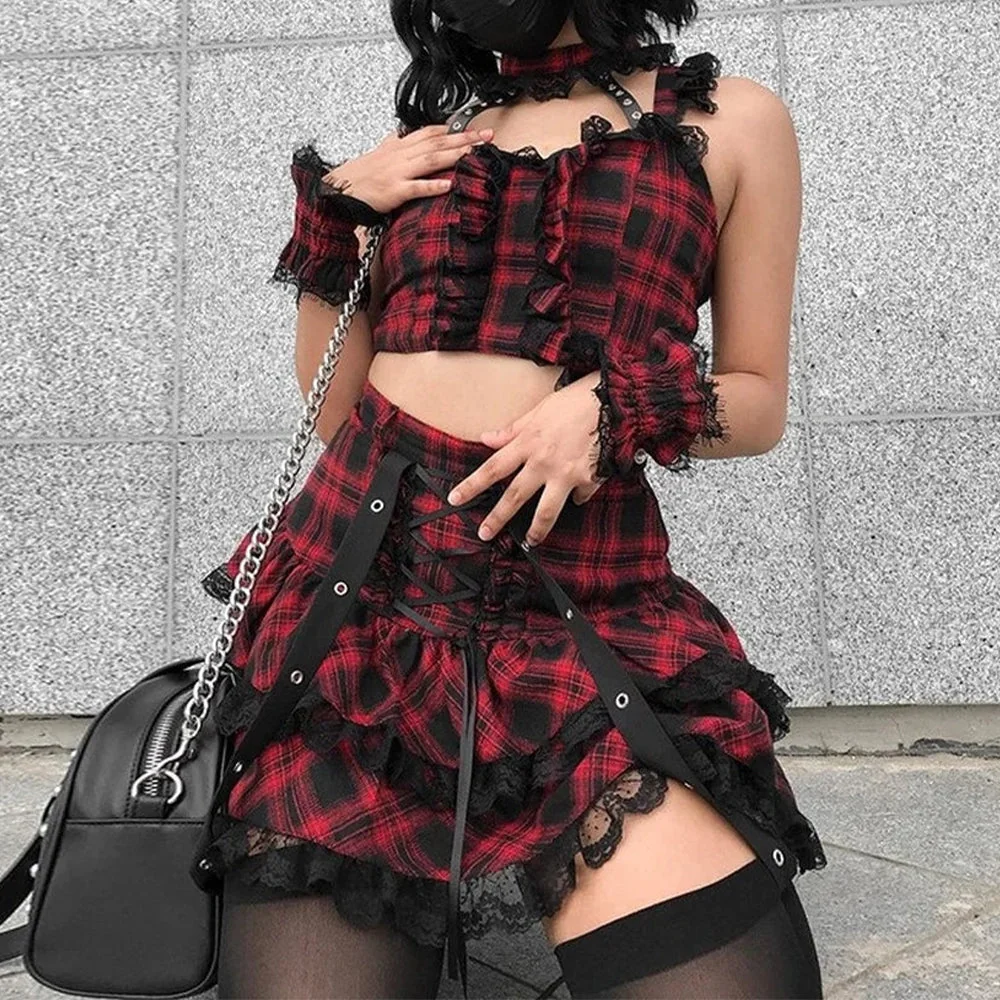 Gothic Plaid Cotton Polyester Set Red