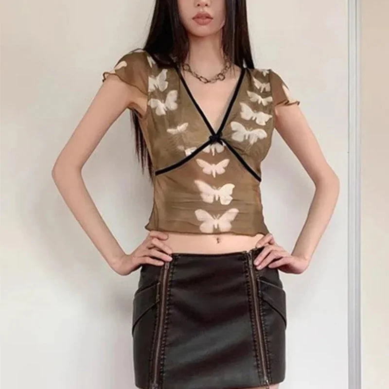 Khaki Butterfly Mesh Womens Top