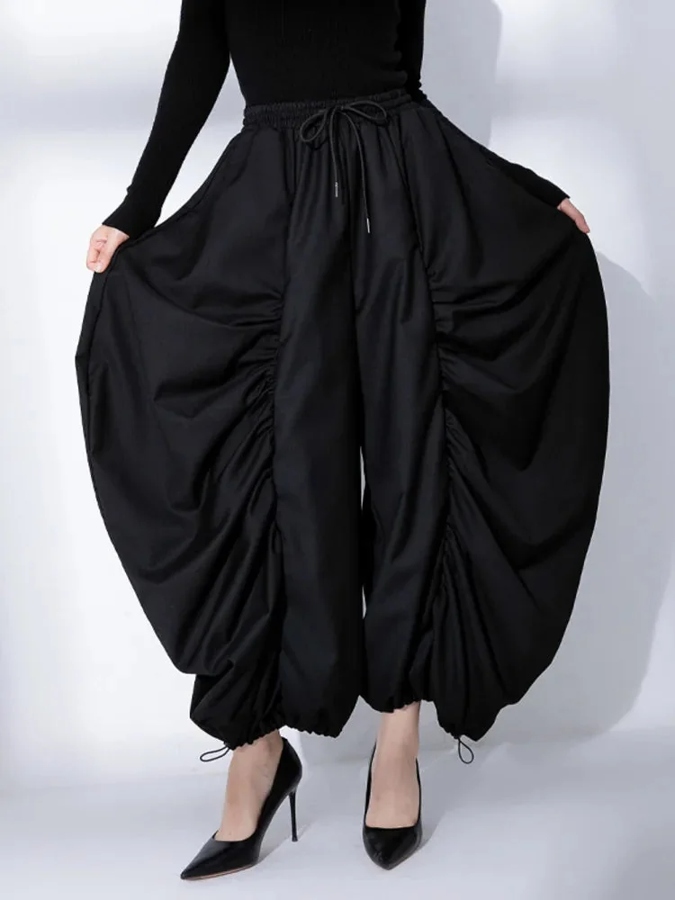 Black Cotton & Polyester Loose Pants for Women