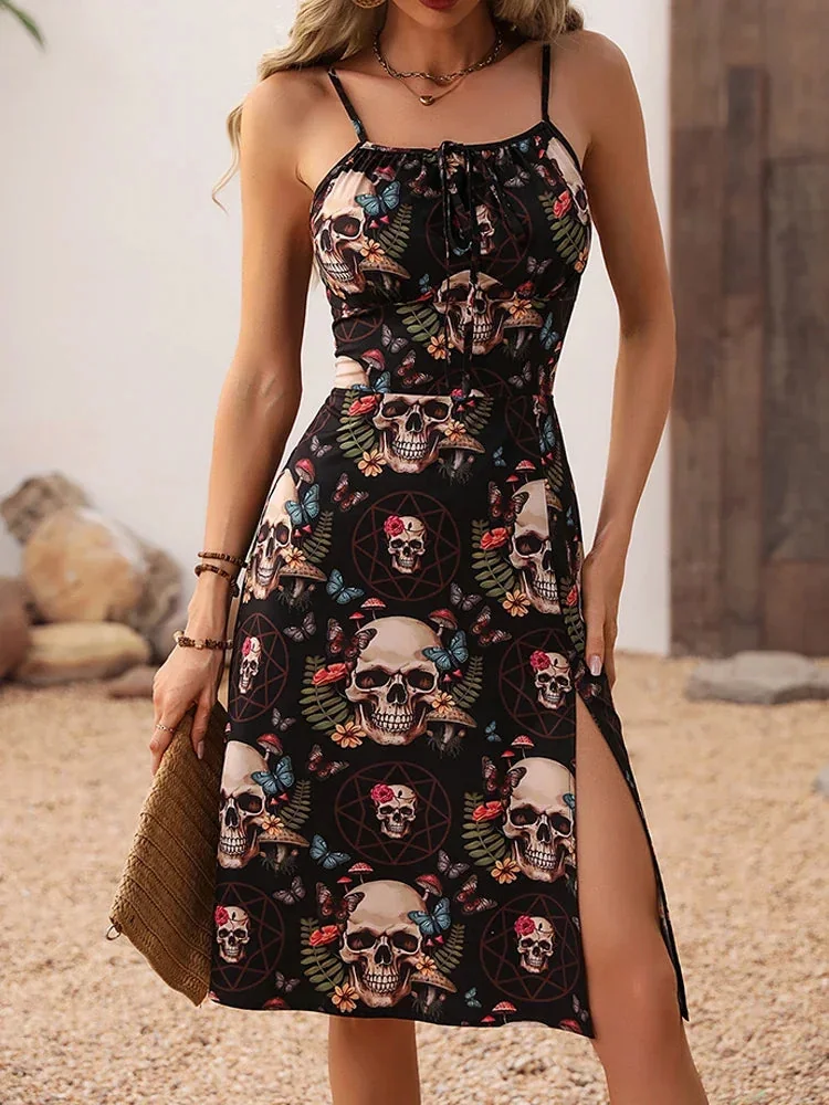 Black Skull Print Cotton Polyester Blend Dress