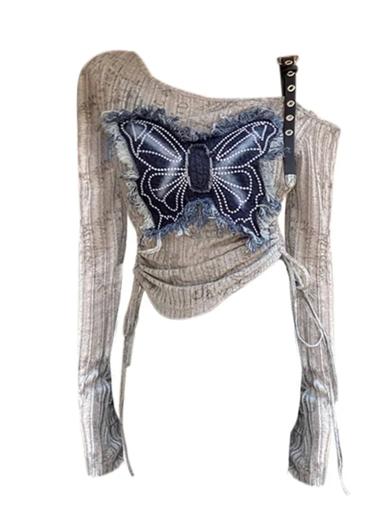 Chic Gray Butterfly Print Womens Top