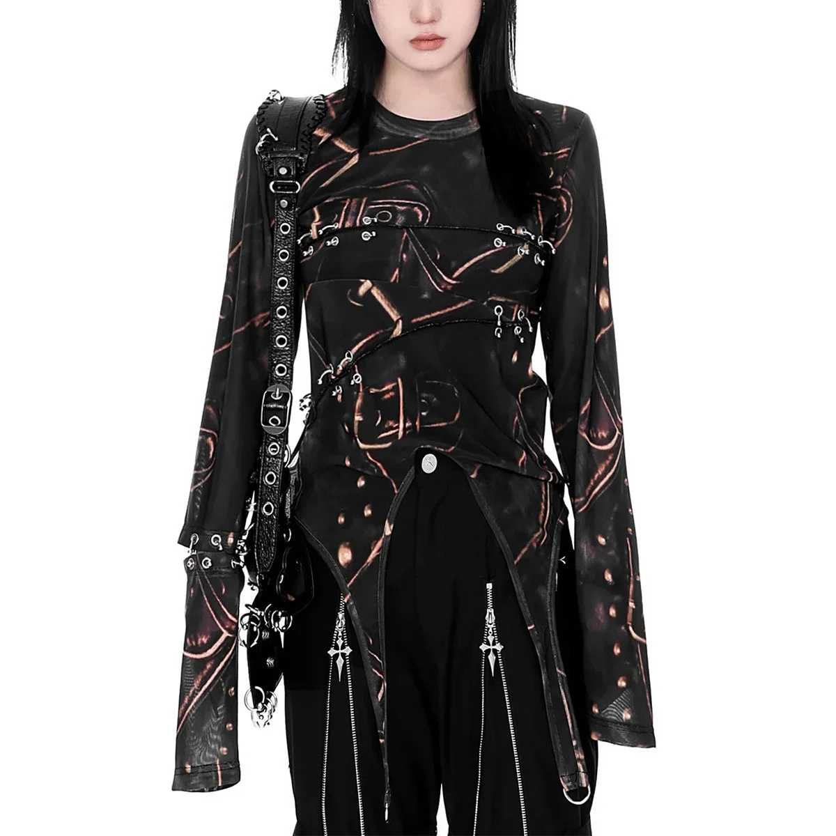 Gothic Long Sleeve Top in Black Cotton Polyester Blend