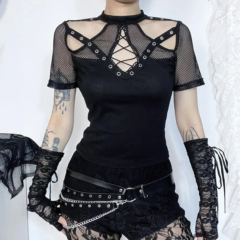 Stylish Hollow Out Womens Top Black Premium Cotton Polyester Blend