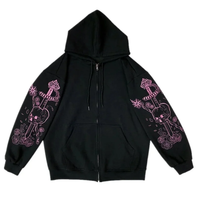 Chic Skull Print Cotton Polyester Hoodie for Women