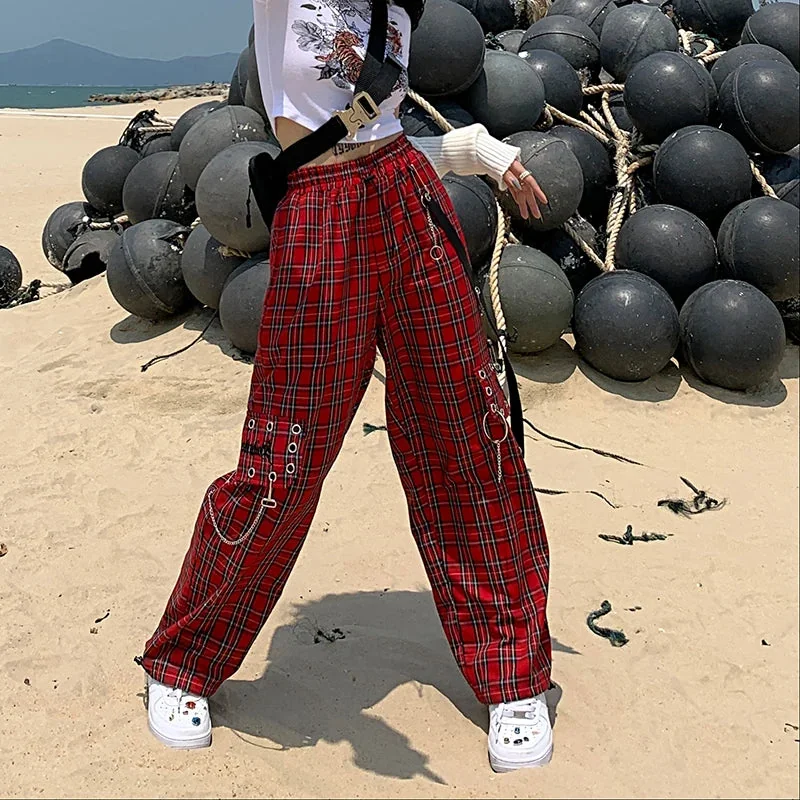 Red Plaid Cargo Pants for Women