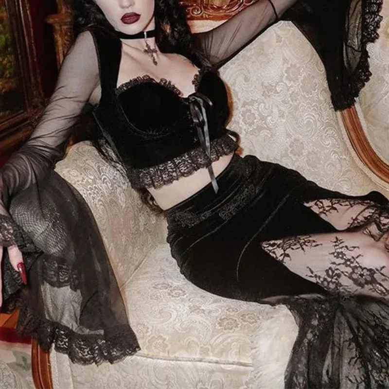 Gothic Black Lace Womens Top Premium Cotton Blend