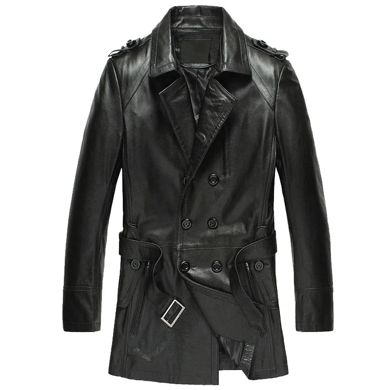 Classic Black Leather Mens Trench Jacket