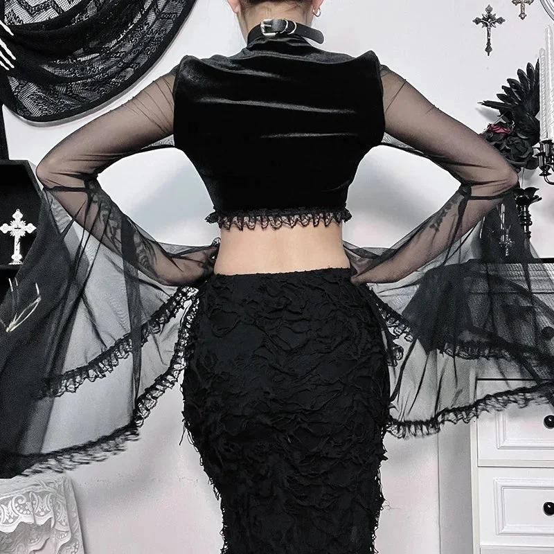 Gothic Style Womens Black Top Premium Cotton Polyester Blend