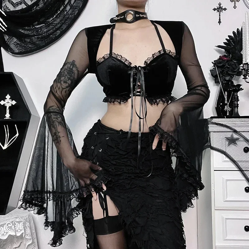 Gothic Style Womens Black Top Premium Cotton Polyester Blend