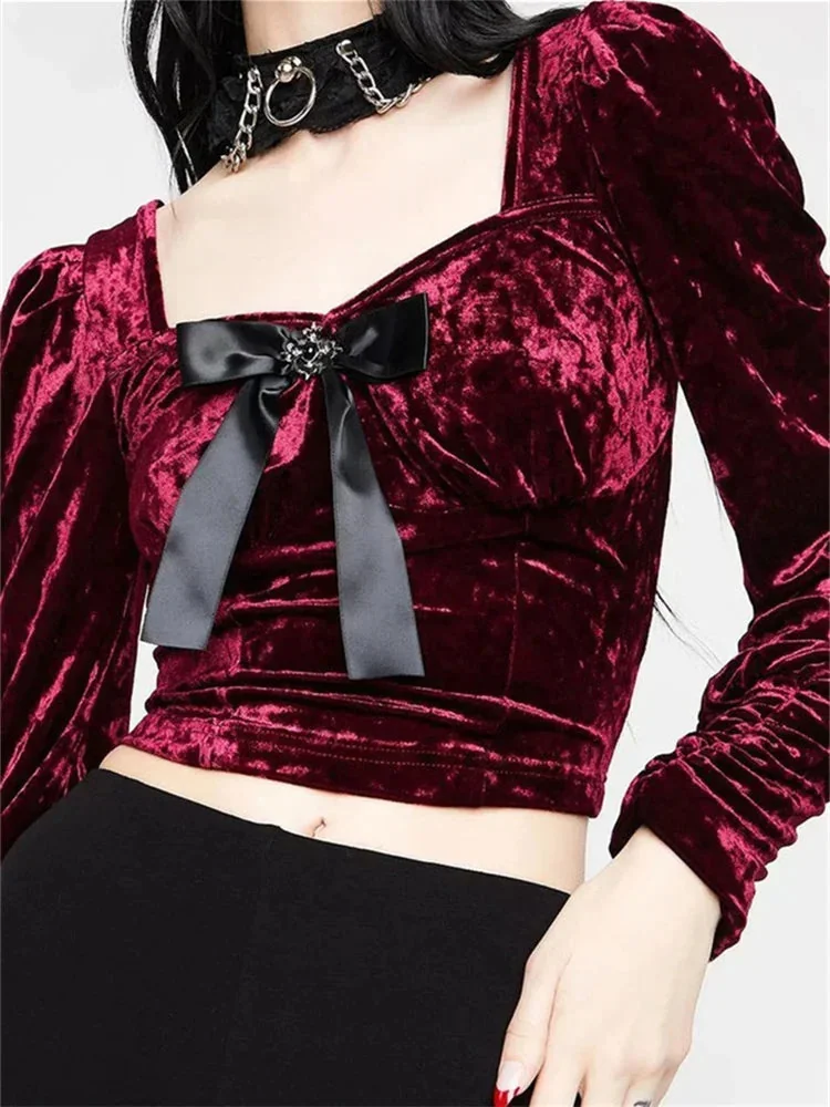 Velvet & Polyester Blend Womens Retro Top- Red