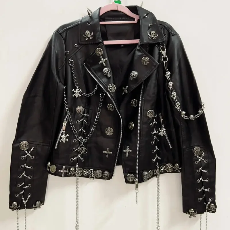 Black Skull Faux Leather Womens Jacket