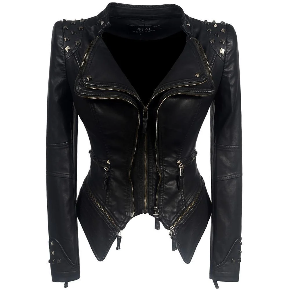Gothic Studded Faux Leather Jacket in Black for Womens Fashion