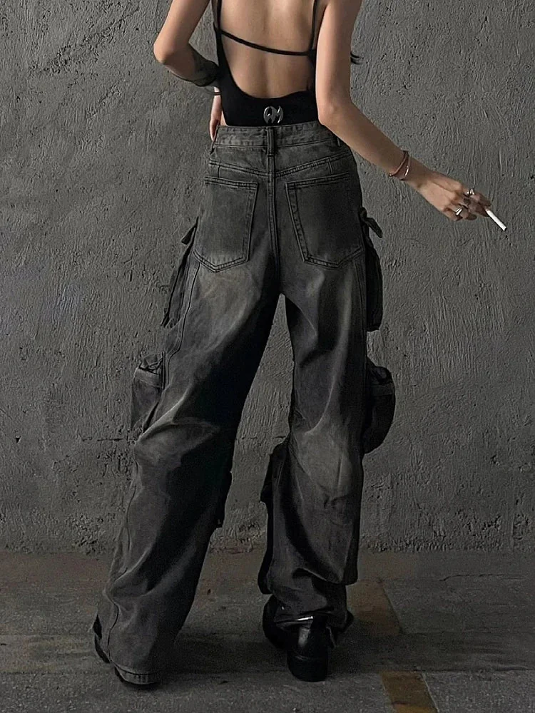 Grey Cotton & Polyester Baggy Pants for Women