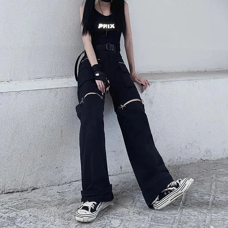 Gothic Style Womens Cargo Pants Black