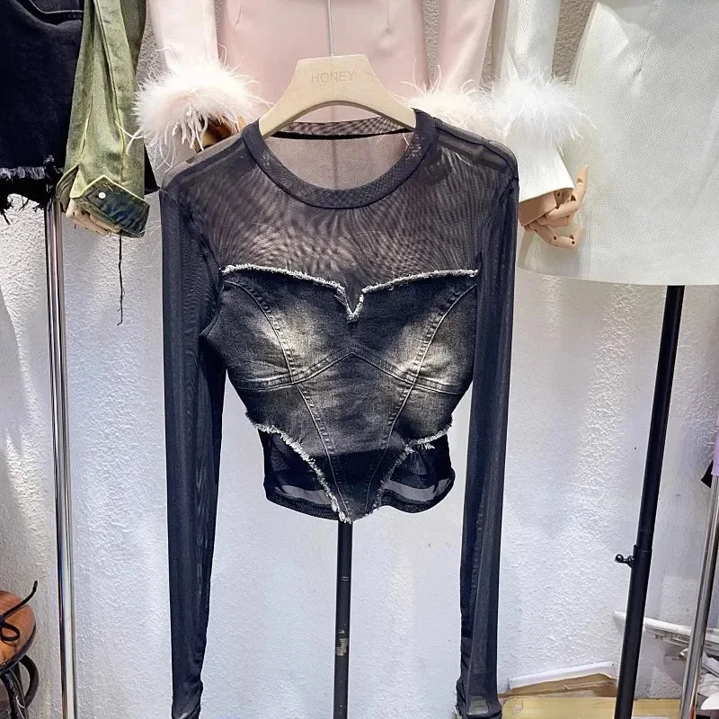 Stylish Black Cotton Denim Womens Top