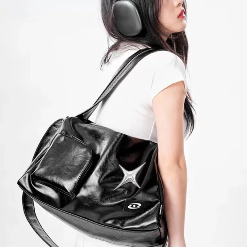 Black Vintage Womens Shoulder Bag Premium Faux Leather Polyester Blend