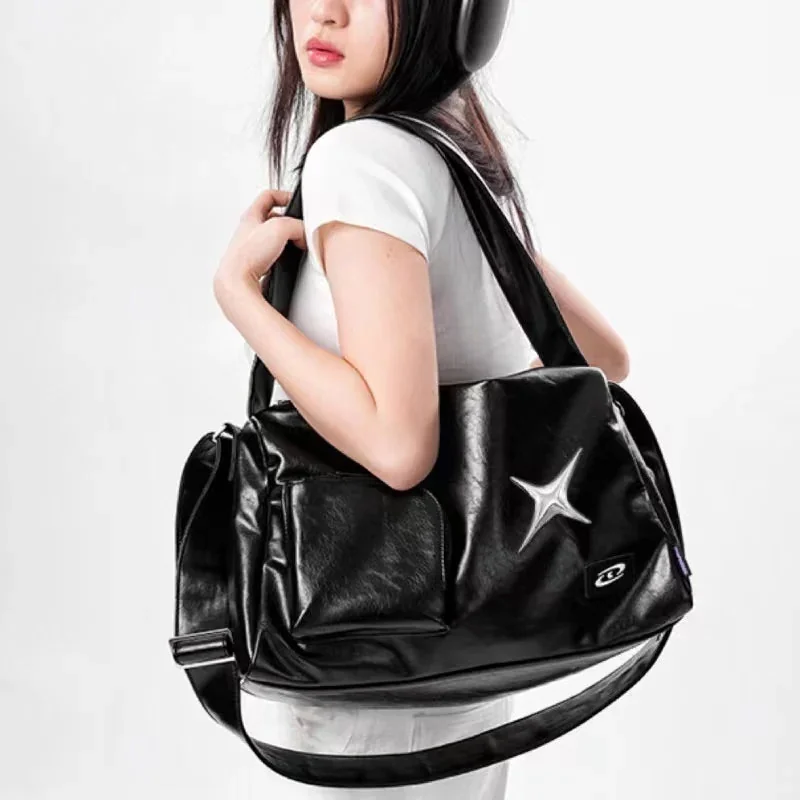 Black Vintage Womens Shoulder Bag Premium Faux Leather Polyester Blend