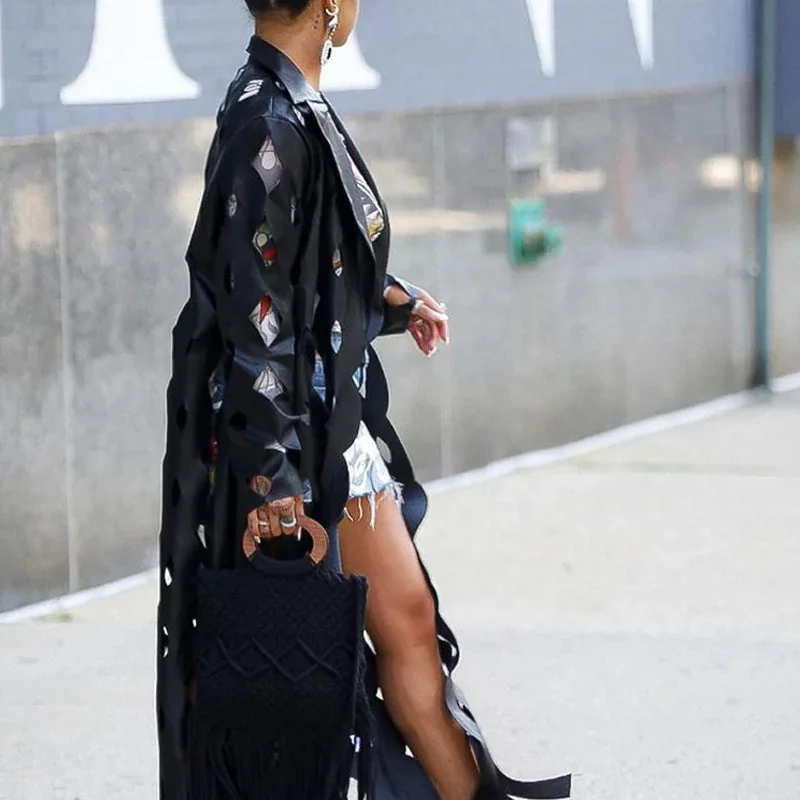 Black Faux Leather Womens Cardigan