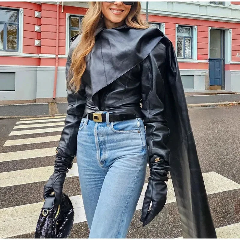 Black Faux Leather Jacket for Women