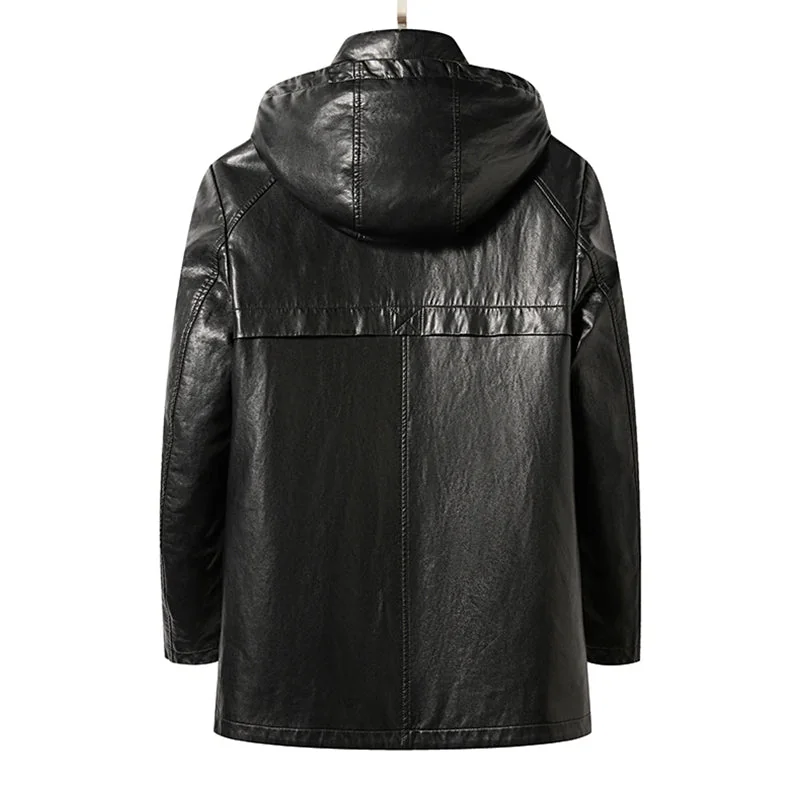 Mens Faux Leather Hooded Jacket in Black/Brown