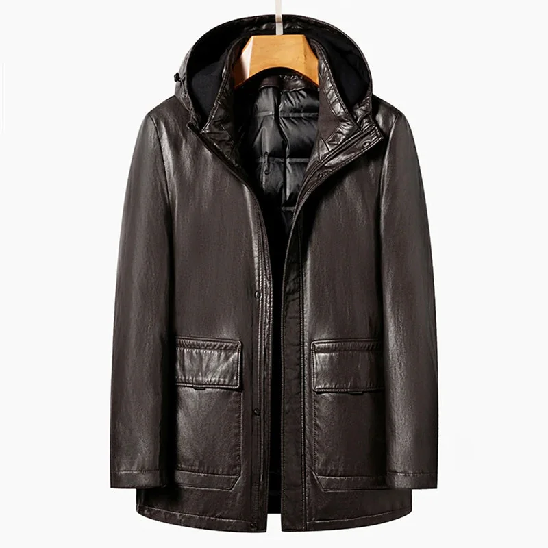 Mens Faux Leather Hooded Jacket in Black/Brown