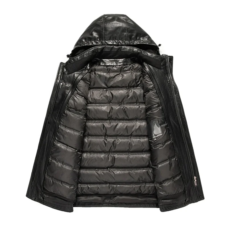 Mens Faux Leather Hooded Jacket in Black/Brown