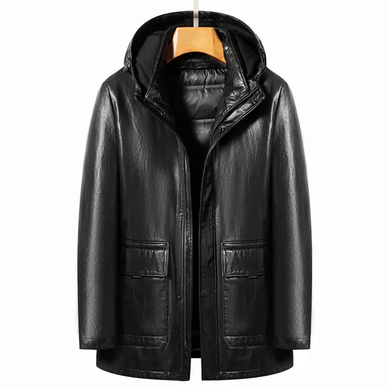 Mens Faux Leather Hooded Jacket in Black/Brown