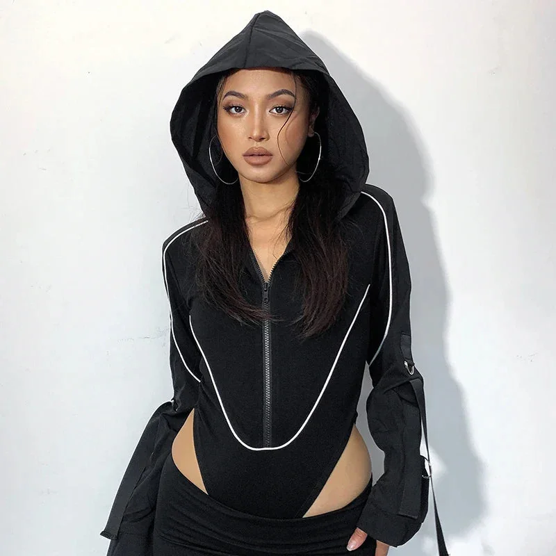 Black Hooded Womens Bodysuit - Premium Cotton Polyester Blend