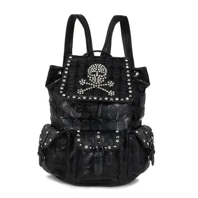 Chic Skull Womens Backpack in Black Premium Faux Leather Polyester Blend 26cm x 38cm