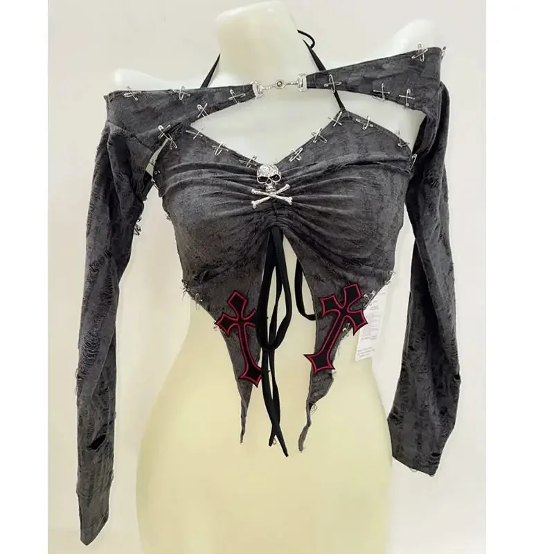 Gray Skull Print Womens Top Premium Cotton Polyester Blend