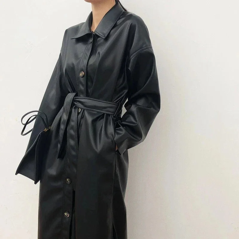 Chic Black Faux Leather Coat for Women XS-L
