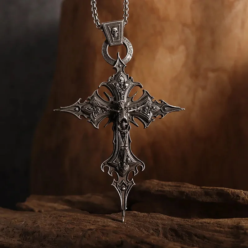 Silver Vintage Cross Pendant Necklace for Men