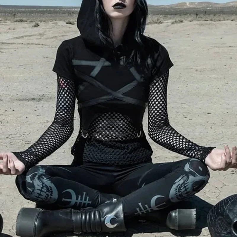 Limited Edition Gothic Hooded Top in Black Cotton-Polyester Blend