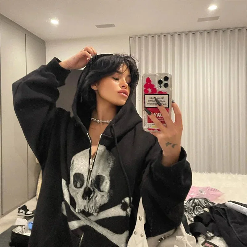 Black Skull Print Hoodie for Women
