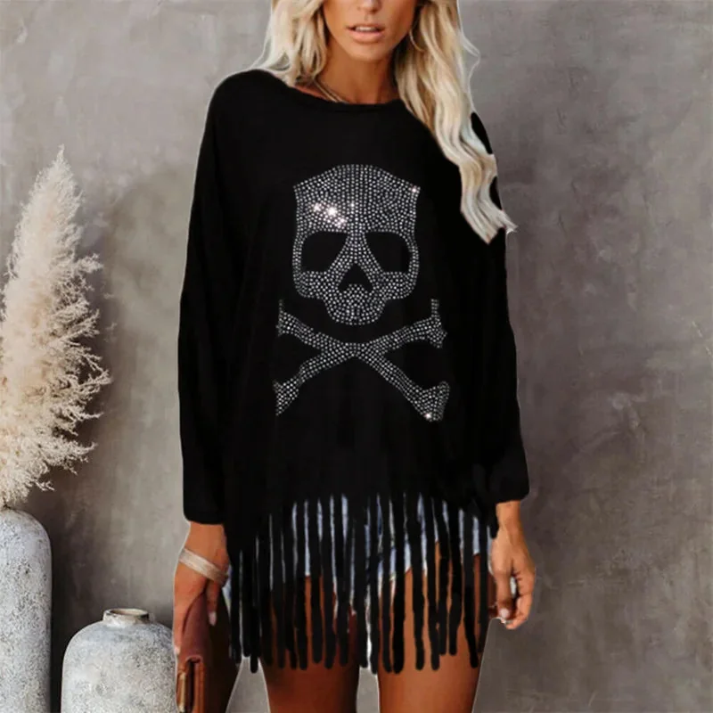 Chic Diamond Skull Black Pullover - Premium Cotton Polyester Blend