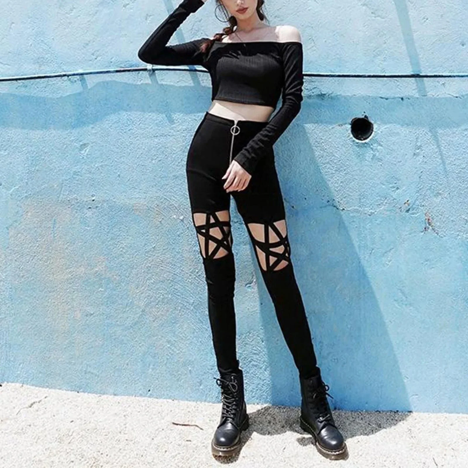 Black Hollow Out Womens Pants - Stylish Cotton Blend